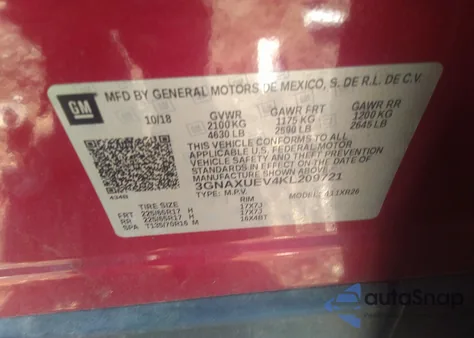 2019 Chevrolet Equinox Lt z USA, uszkodzony, nr VIN 3GNAXUEV4KL209721